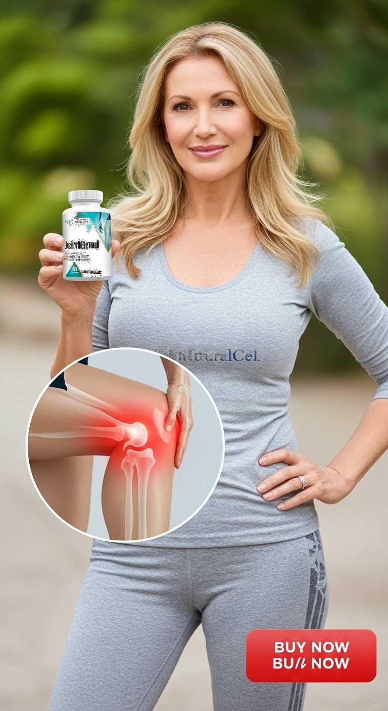 Smiling woman holding Joint Eternal supplement bottle in a natural outdoor garden setting.